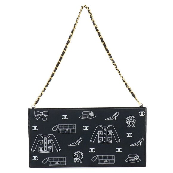 CHANEL Icon Print Chain Shoulder Bag Canvas Leather Black Purse 90261069 - Picture 1 of 9
